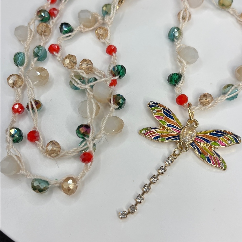 Dragonfly Beaded Crochet Necklace | Colorful Glass Beads | Adjustable 17” - Picture 6 of 9
